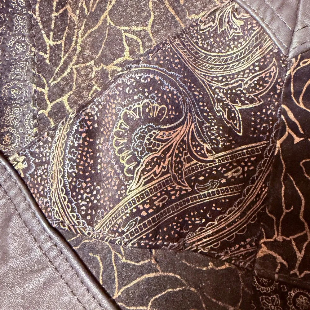 Vintage Winlit S Leather Black Bomber Jacket Gold Paisley Metallic Boho 80s 90s
